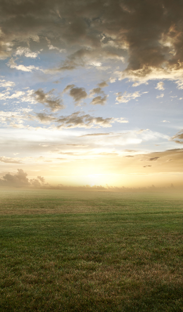 Восход солнца над полем в тумане