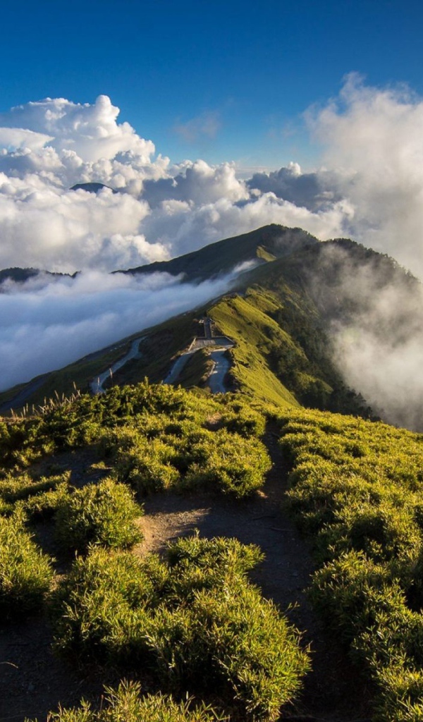 Зеленый горный хребет среди облаков