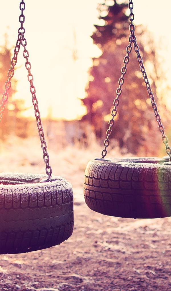Иней на качелях из шин