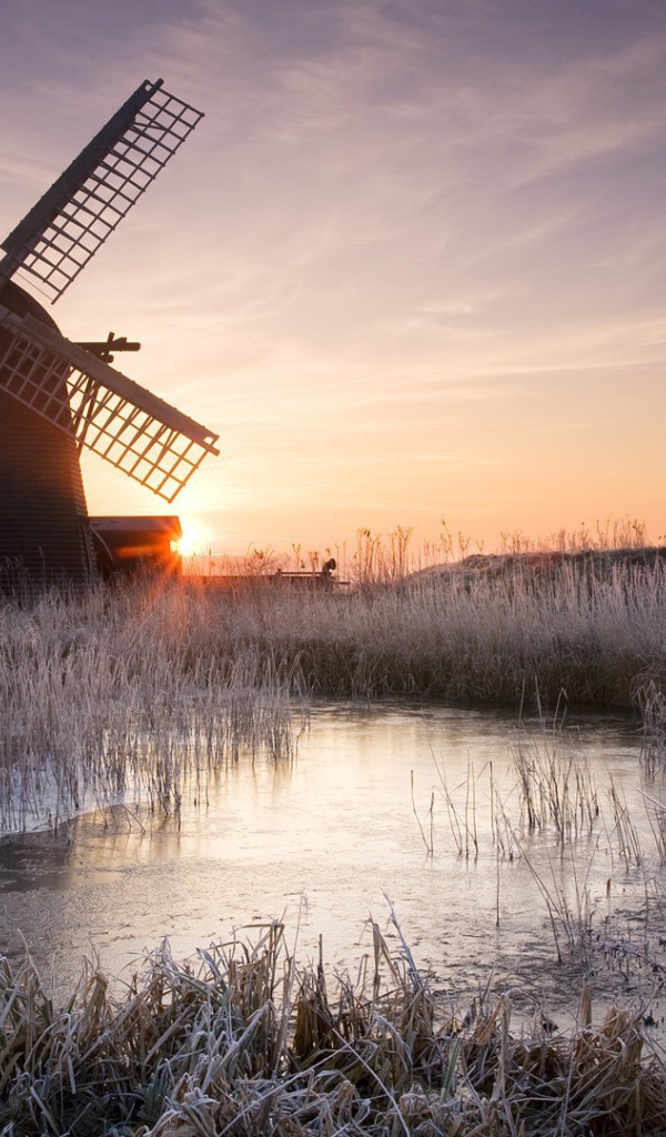 Мельница среди покрытого инеем сушняка