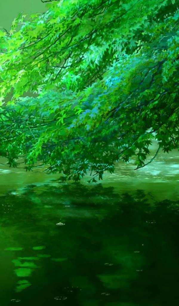 Зеленая ветка склонилась над водой