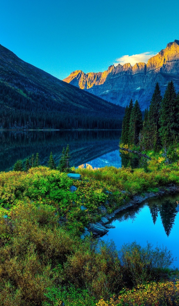 Озерцо у спокойной реки в горах