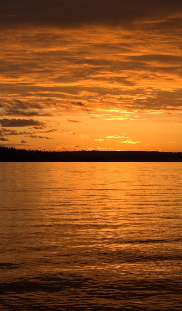 Водная гладь и оранжевое небо на закате