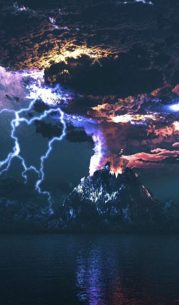 Извержение вулкана в ночи