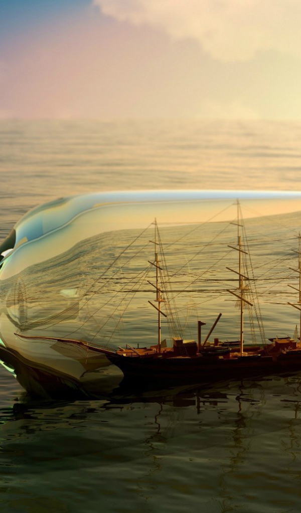 Корабль в бутылке среди моря