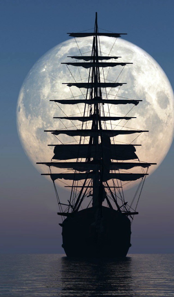 Силуэт парусника на фоне луны