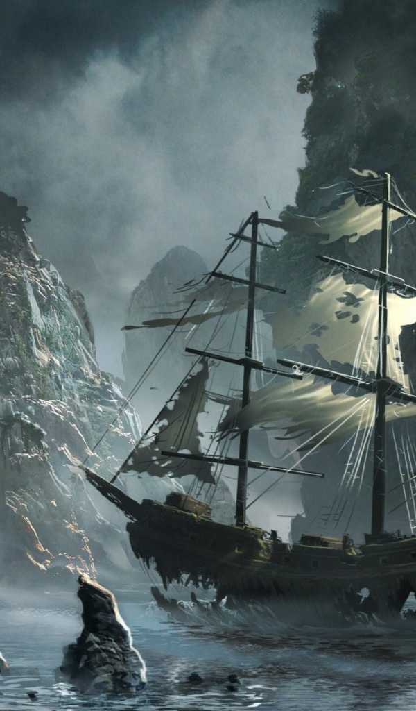 Потрепанный корабль среди скал, картина