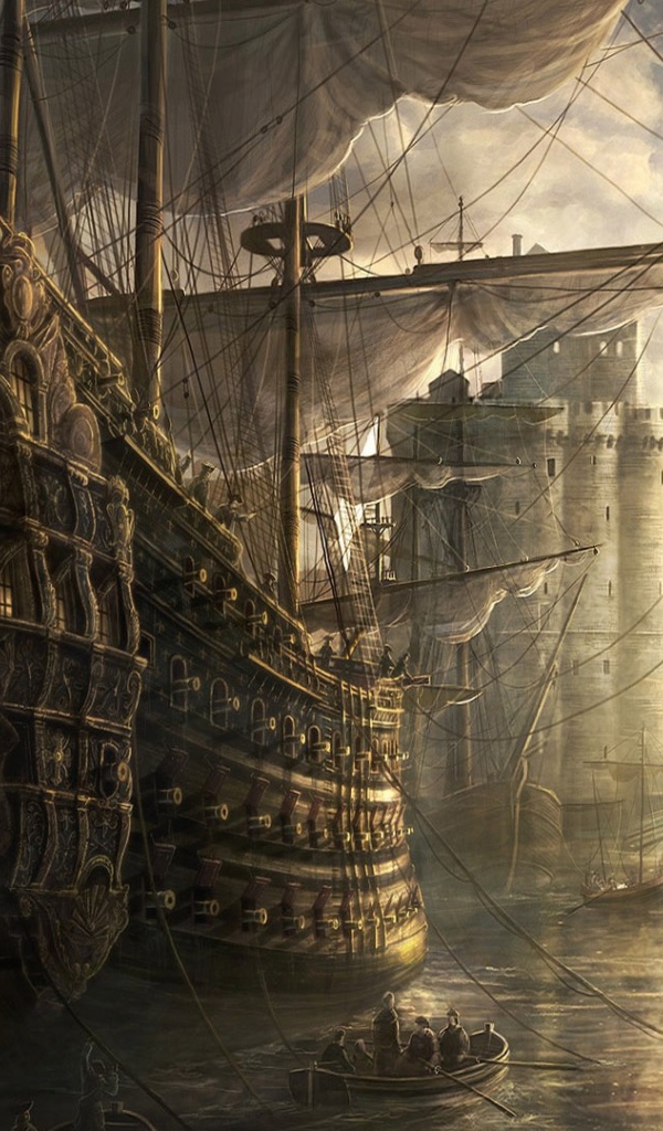 Старинные парусные корабли в порту