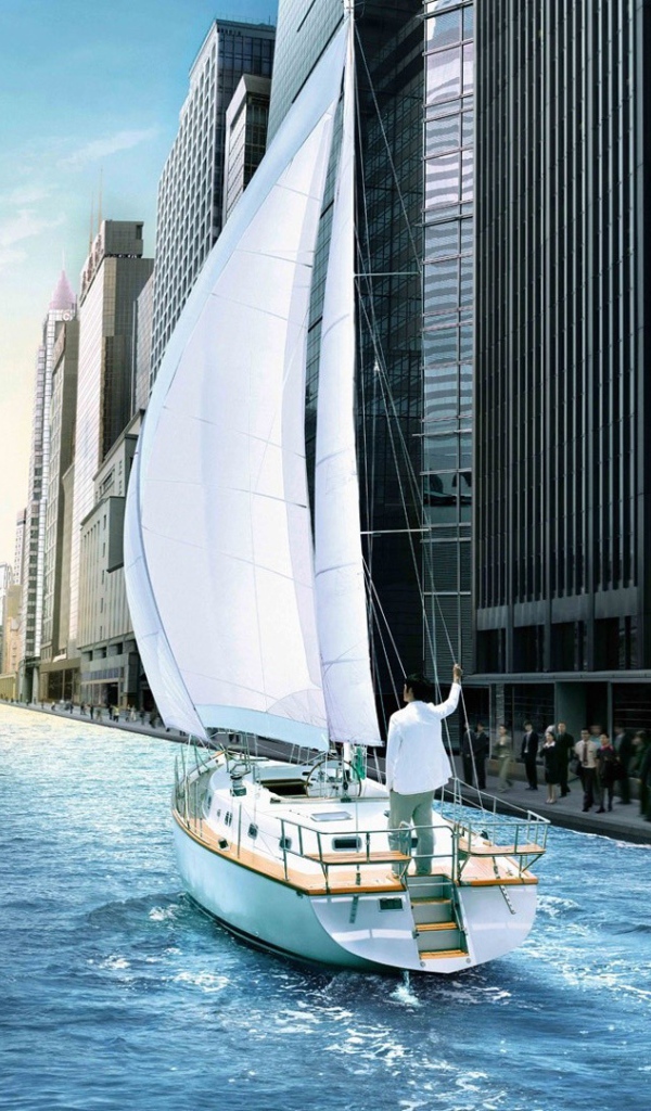 Яхта в канале среди города