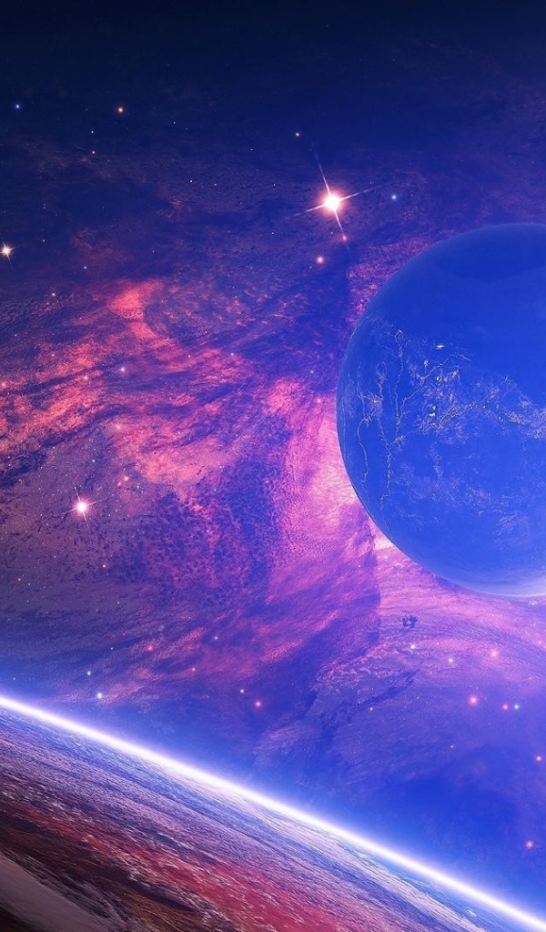 Голубая планета на фоне розовой галактики