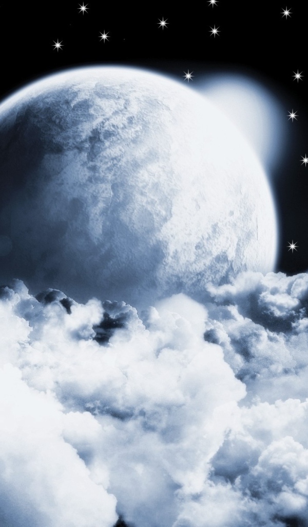 Серая планета в облаках на фоне звезд