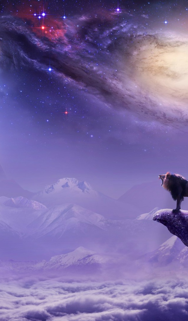 Лев на фоне галактики