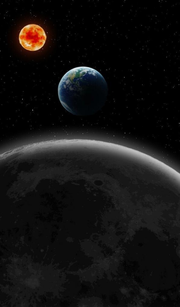 Луна, Земля и Солнце на фоне звезд