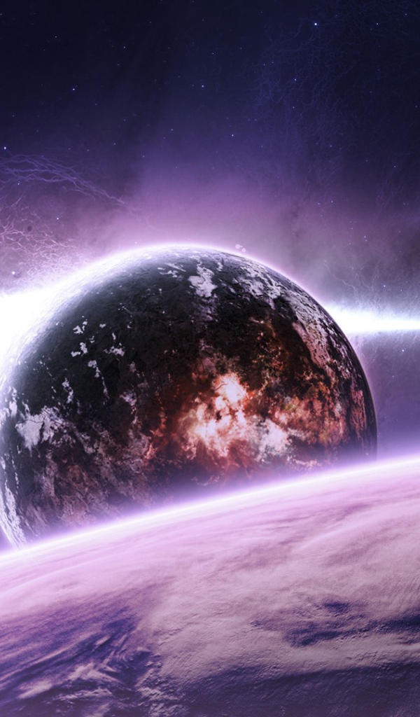 Корабль летит к планете в фиолетовом космосе