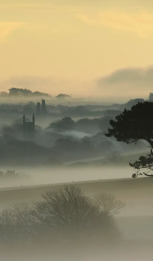 Город, покрытый густым туманом