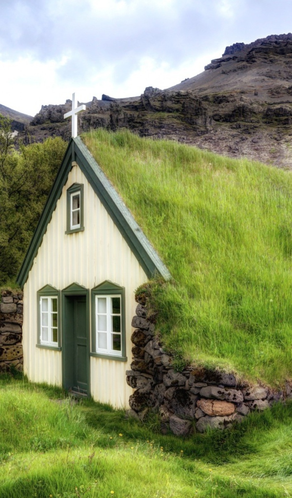 Поросшая травой крыша церкви в горной деревушке