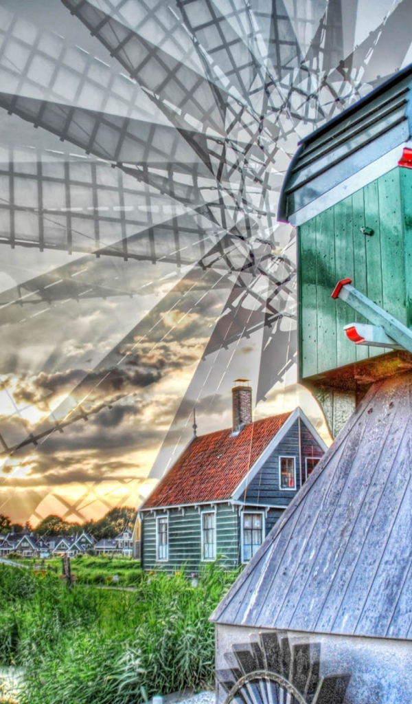 Вращение лопастей деревянной мельницы