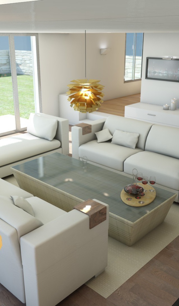 Белые кожаные диваны в светлой гостиной