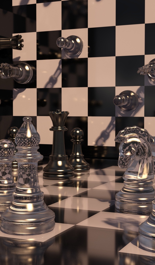 Шахматная доска с прозрачными шахматными фигурами 3д графика