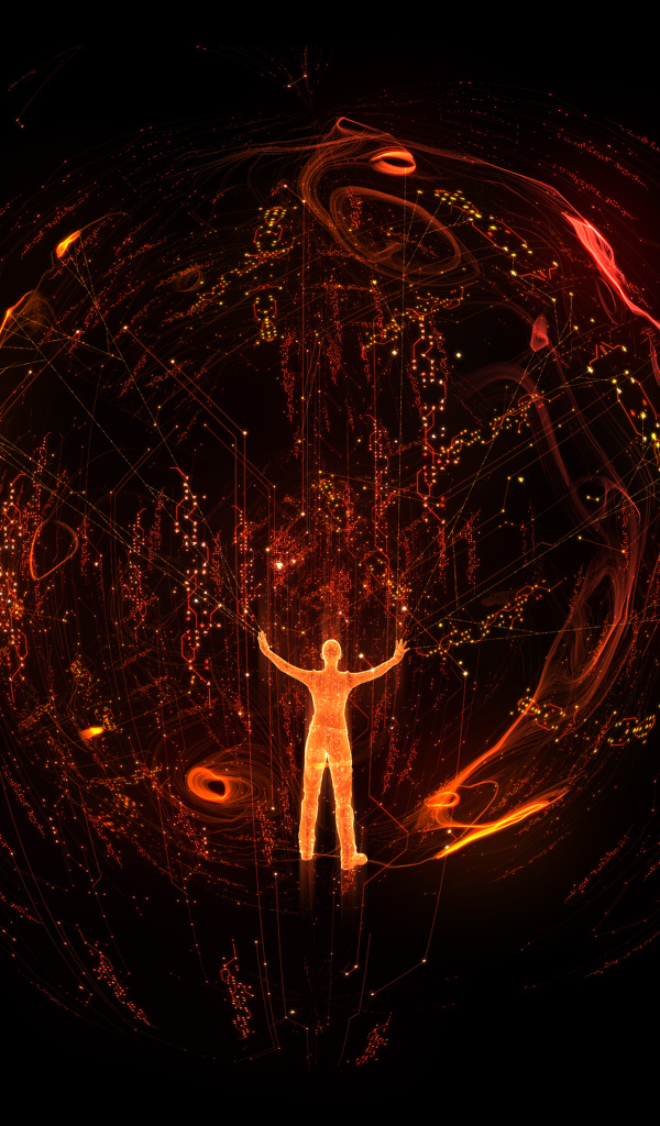 Огненный человек в сфере на черном фоне