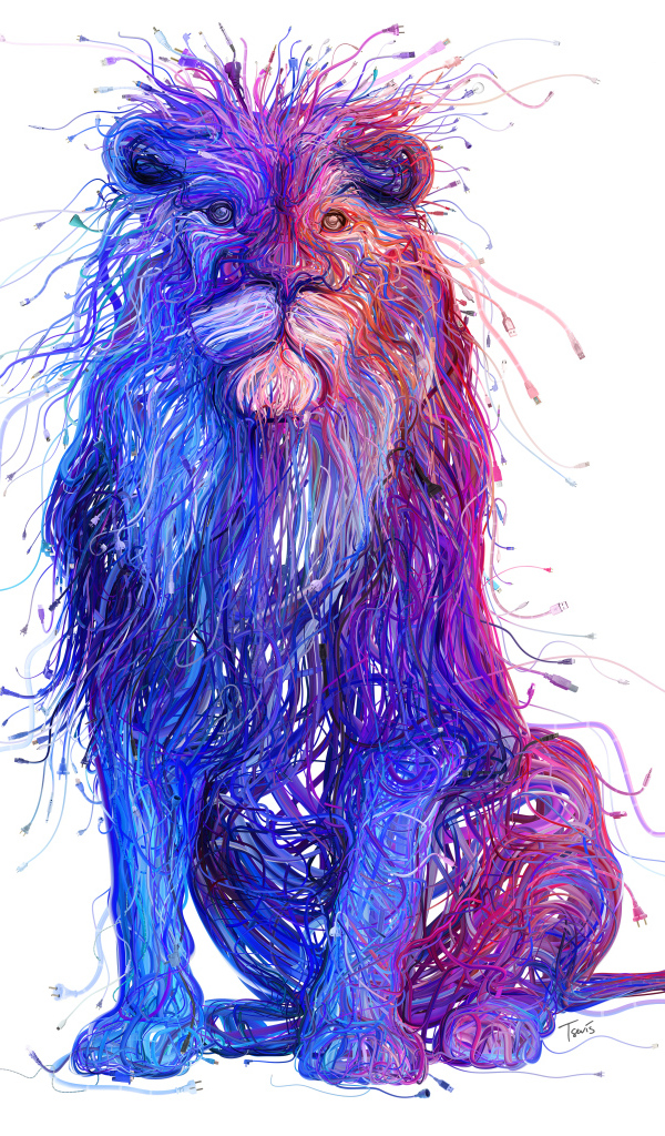 Большой лев из разноцветных проводов на белом фоне 3д графика