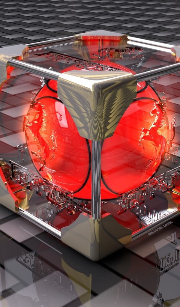 Красный шар в стеклянном кубе 3D графика 