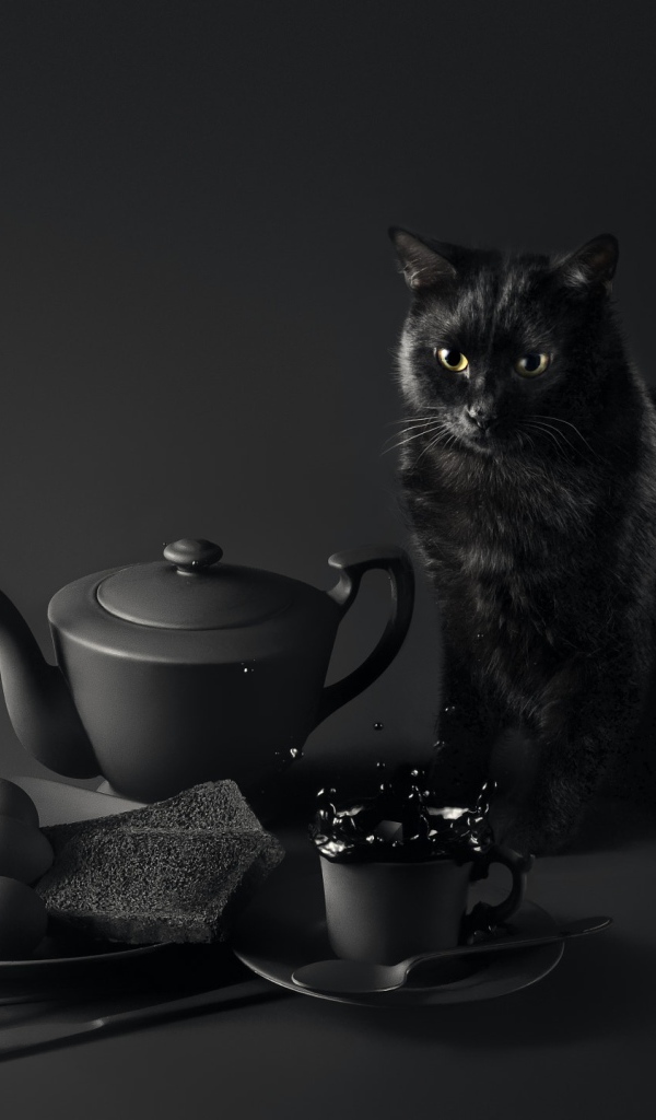 Черный кот сидит на столе с завтраком