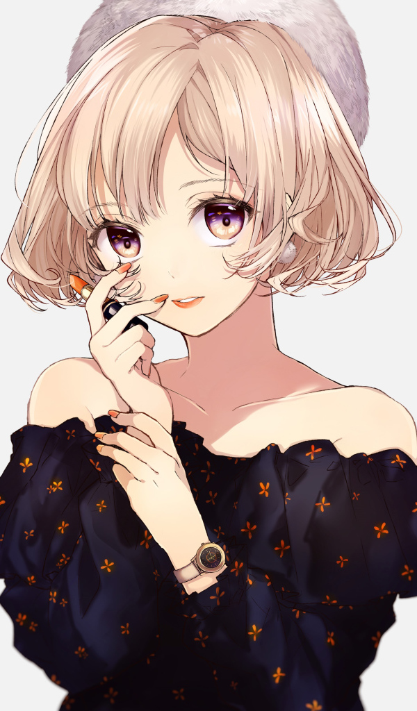 Девушка аниме блондинка с помадой в руках на белом фоне