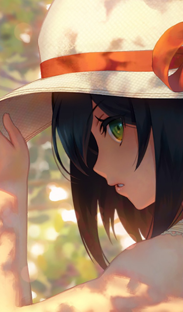 Аниме девушка в шляпе с красным бантом 