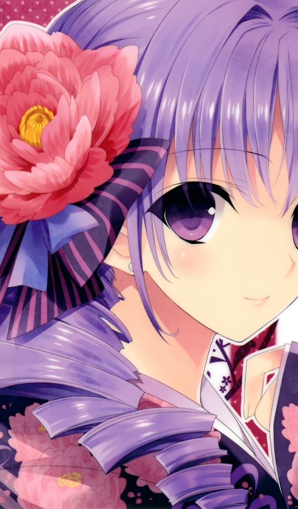 Девушка аниме в кимоно и большим красным цветком в волосах