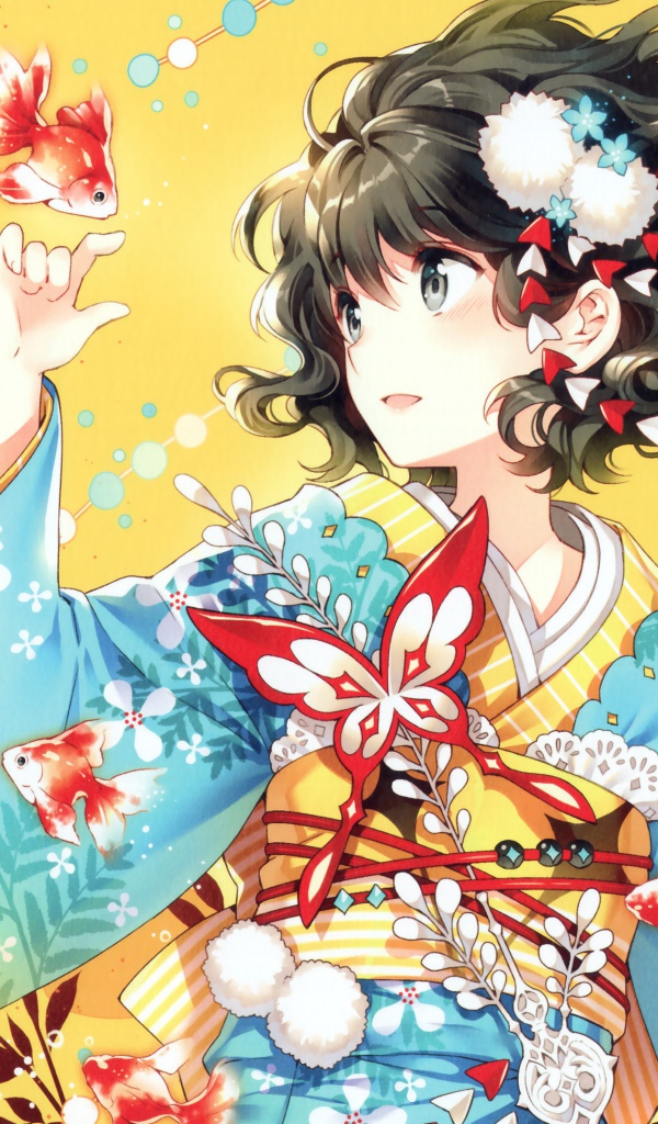 Девушка  аниме в кимоно  под водой с рыбками 