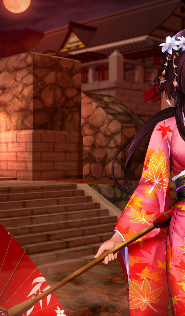 Аниме девушка с зонтом и в кимоно 