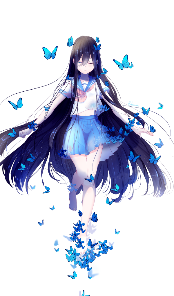 Девушка аниме с длинными волосами с голубыми бабочками на белом фоне