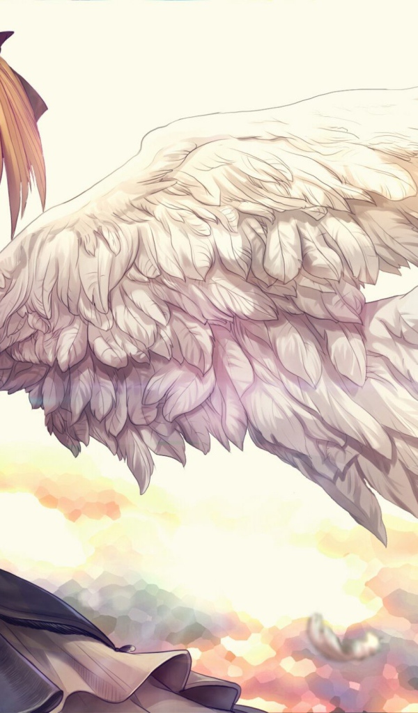 Девушка аниме с белыми крыльями ангела 