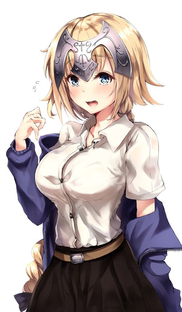 Девушка в костюме на белом фоне аниме Судьба. Апокриф