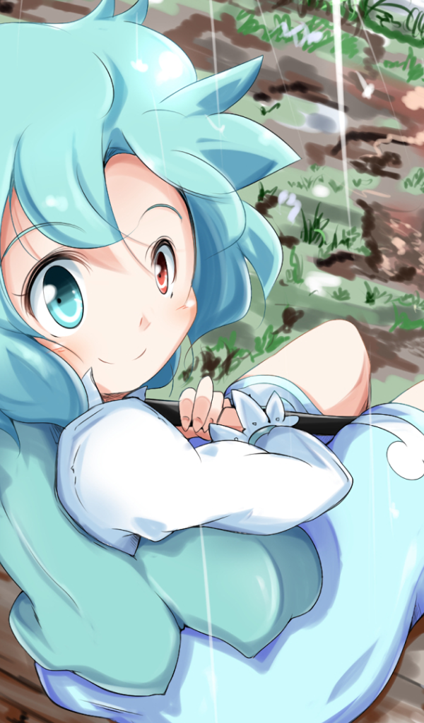 Девушка с голубыми волосами под дождем аниме Touhou 