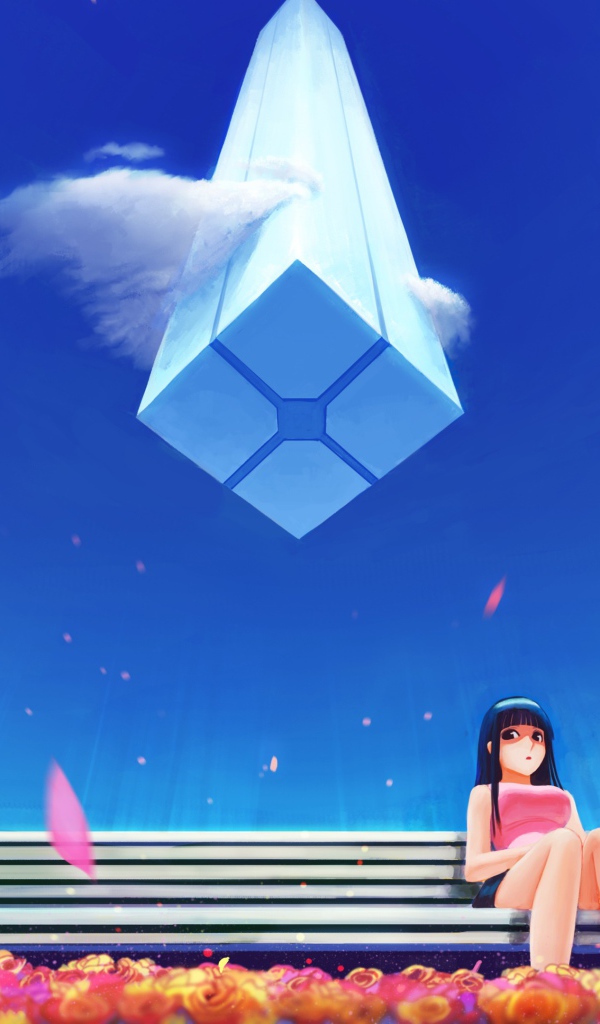 Девушка аниме на фоне голубого неба  