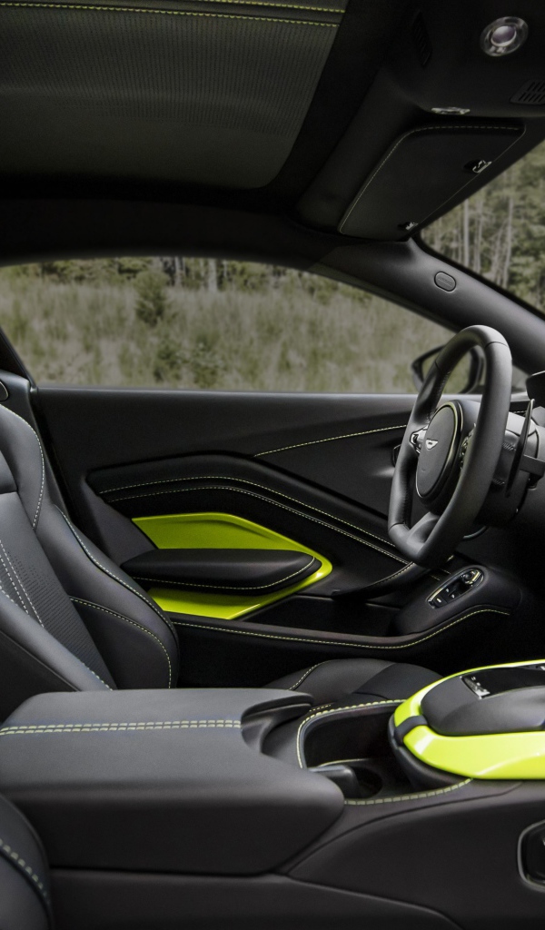 Черный кожаный салон автомобиля Aston Martin Vantage, 2018