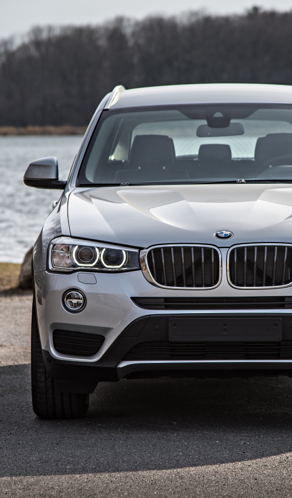 Серебристый автомобиль BMW X3 у водоема 
