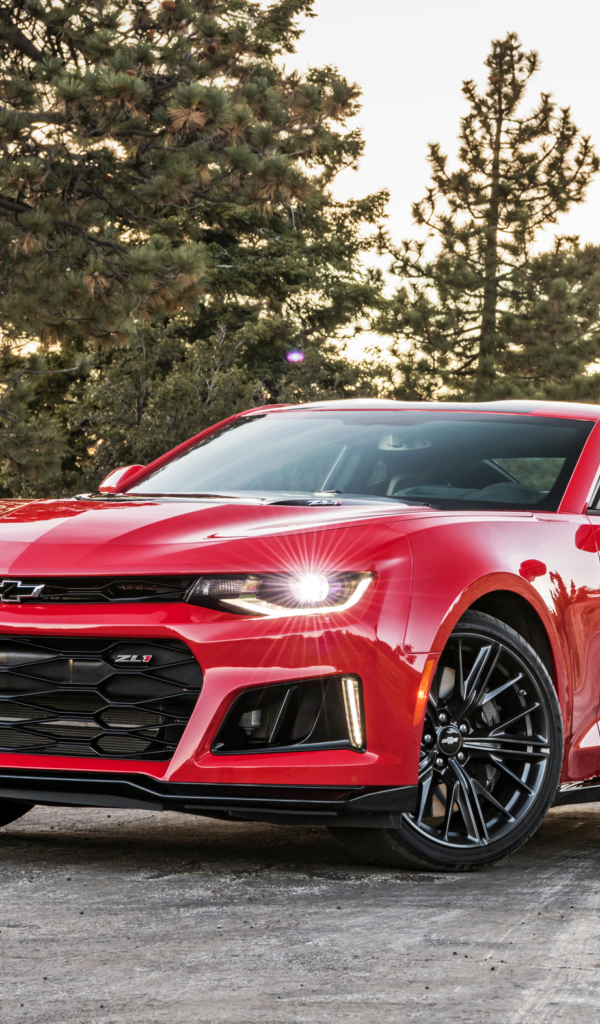 Красный автомобиль Chevrolet Camaro ZL1 на фоне леса 