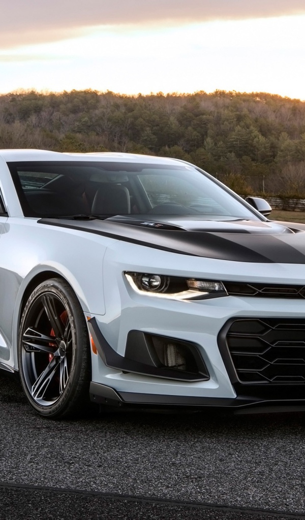 Белый автомобиль  Chevrolet Camaro ZL1 1LE, 2018 на фоне заката