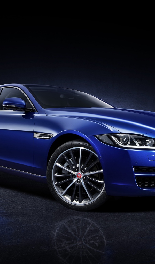 Синий автомобиль Jaguar XEL, 2018 вид сбоку