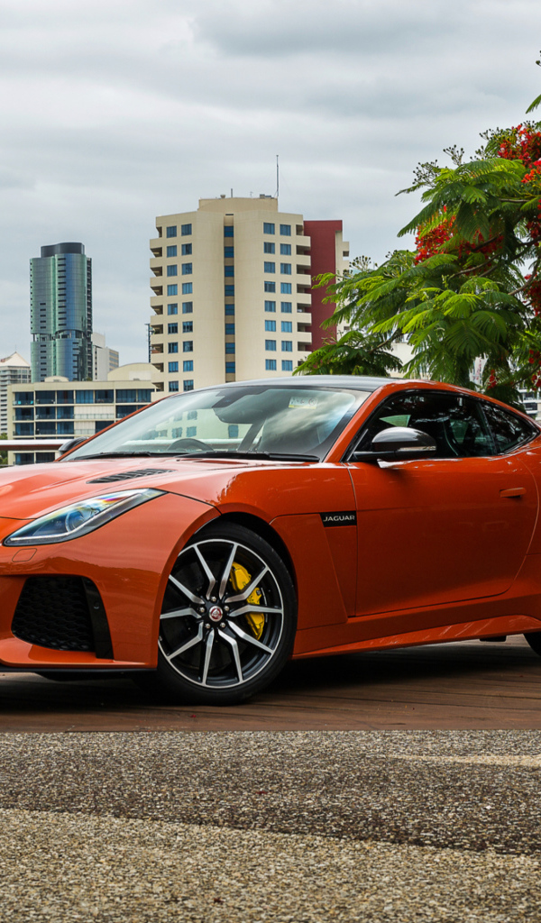 Оранжевый автомобиль Jaguar F-Type на фоне небоскребов 