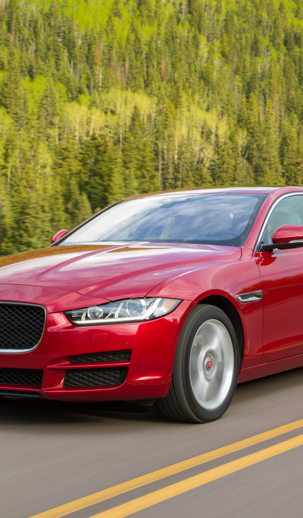 Автомобиль красного цвета Jaguar XE на трассе 