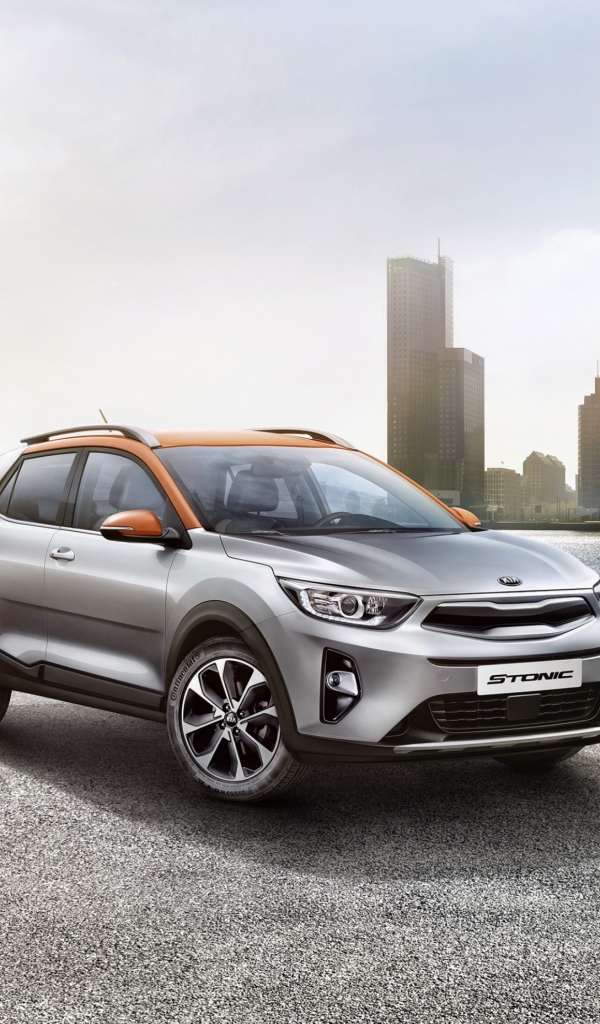 Серебристый кроссовер Kia Stonic, 2018  у воды