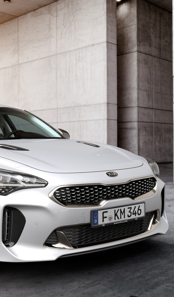 Белый автомобиль Kia Stinger GT, 2017 вид спереди
