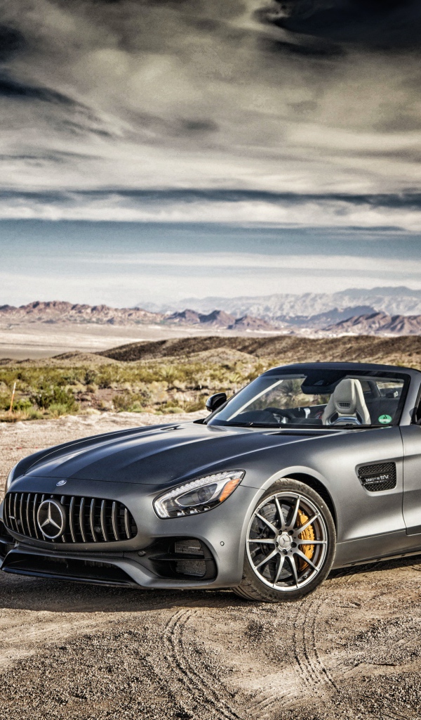 Серебристый автомобиль Mercedes-AMG GT на фоне неба