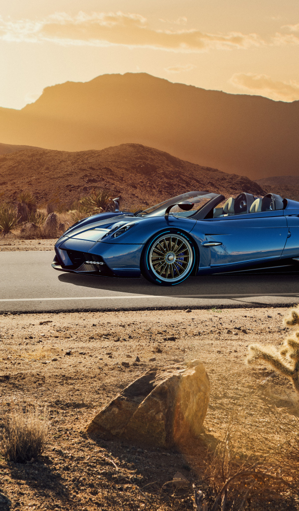 Синий спортивный автомобиль  Pagani Huayra на трассе 