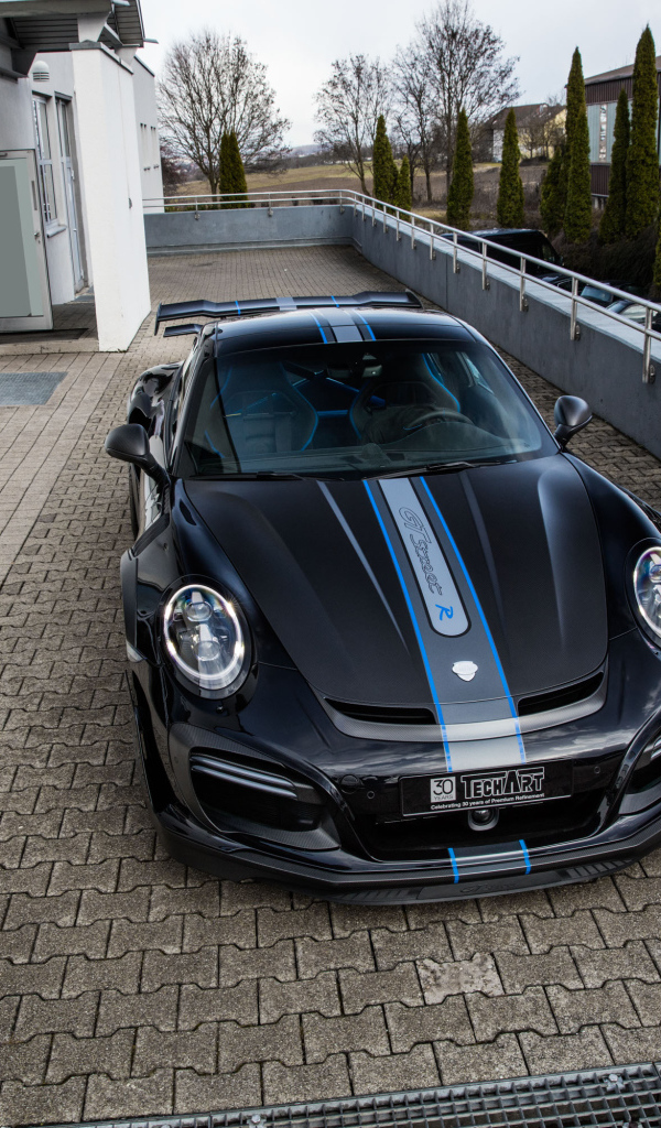 Черный автомобиль Porsche TechArt 911 Turbo GT Street R, 2017