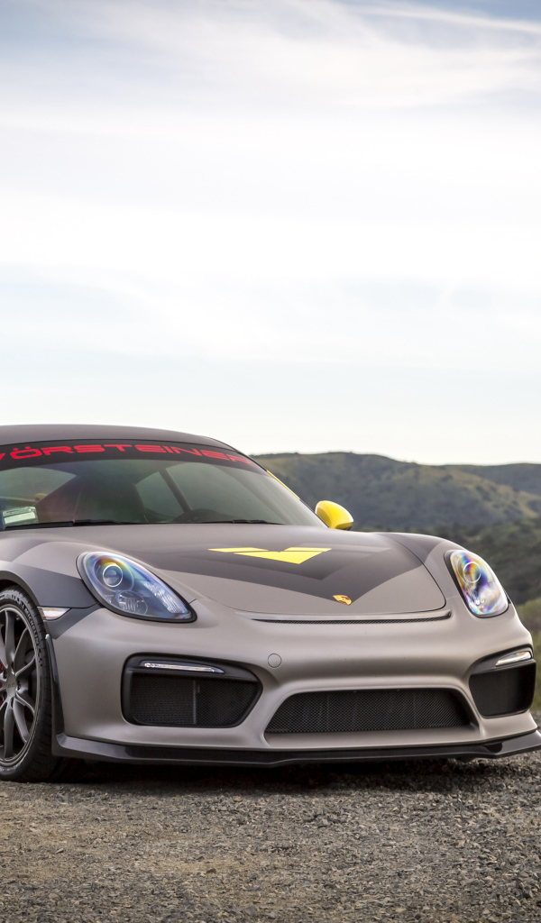 Серебристый спортивный автомобиль Porsche Cayman GT4 